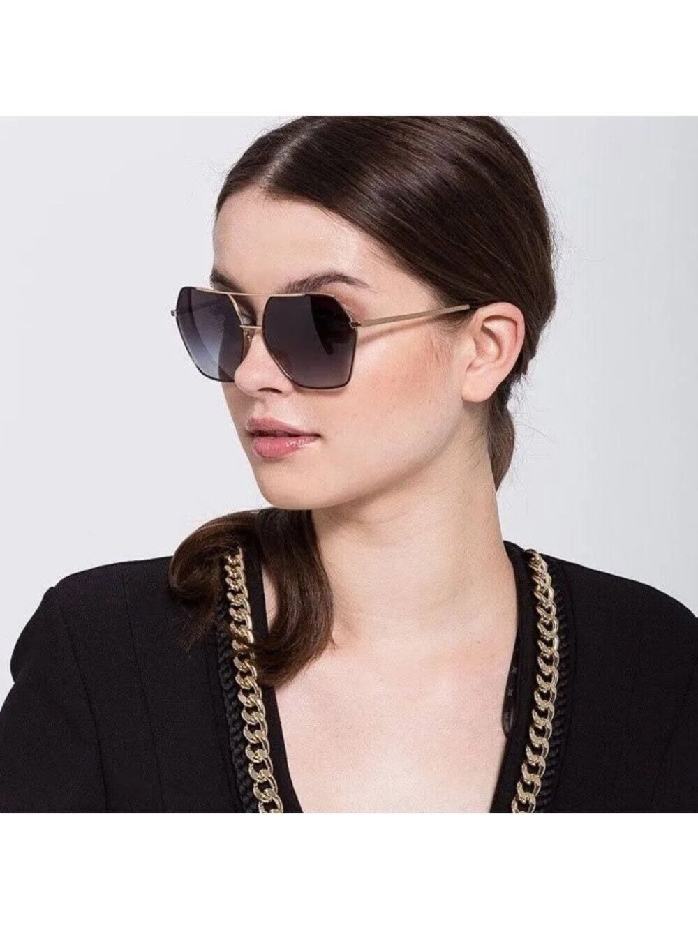 Dolce & Gabbana DG2157 Gold Aviator Polarized Polygon Sunglasses Black